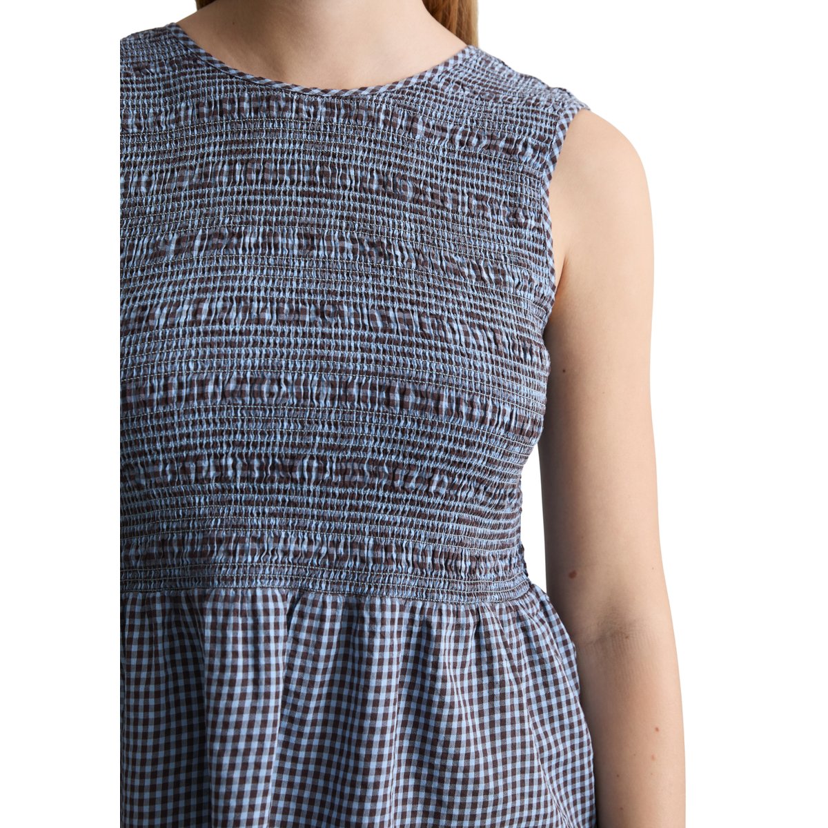 Top péplum en seersucker smocké slim en coton mélangé bleu clair, MARC O’POLO DENIM