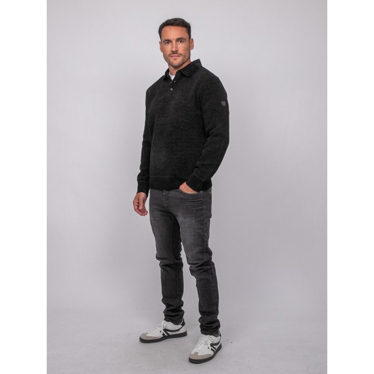 Pull Polo Chenille Col Boutonné Loctobir noir, RITCHIE