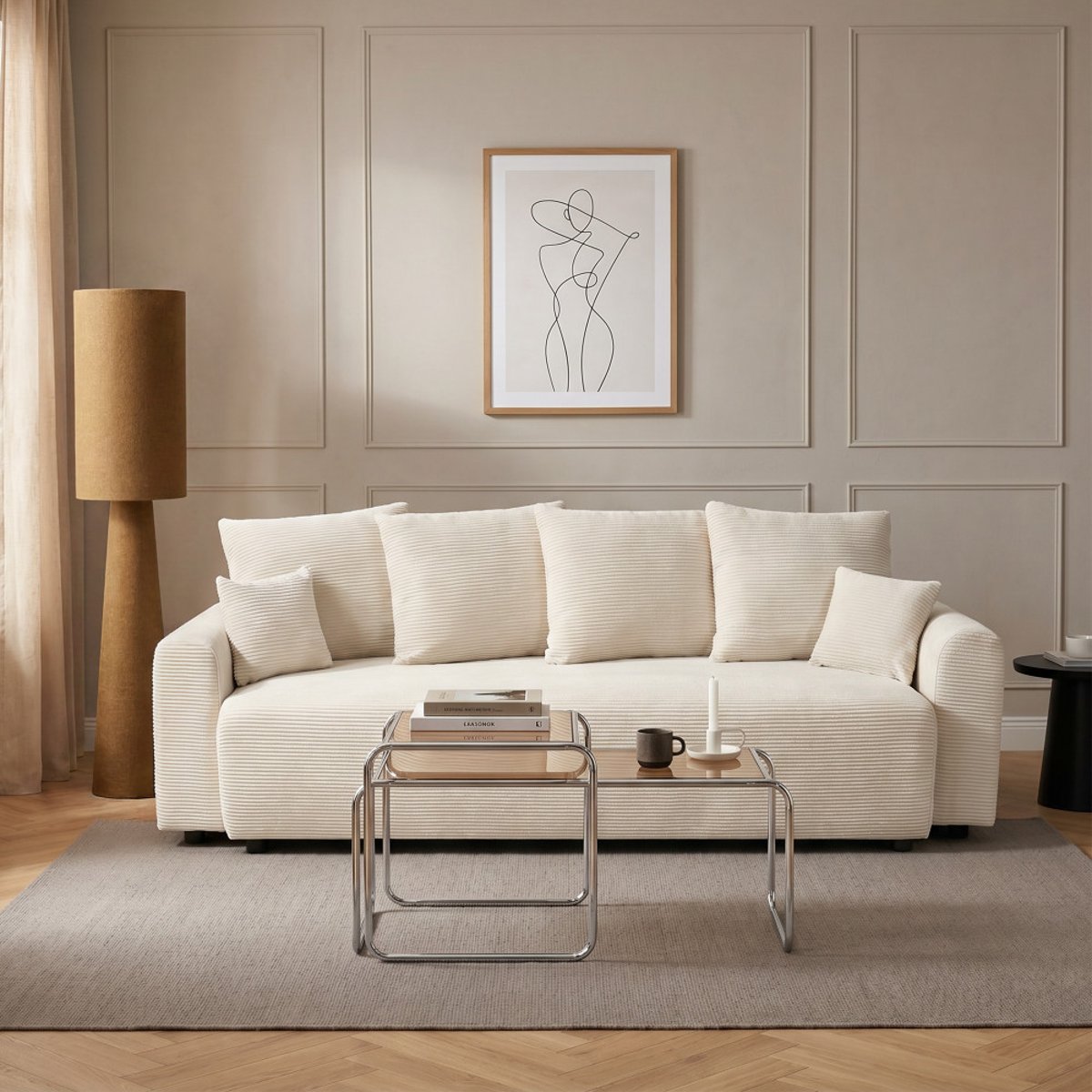 Canapé convertible 3 places en velours côtelé- POL beige, DRAWER