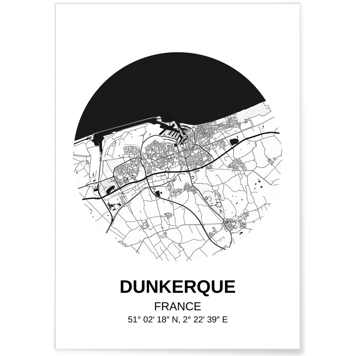 Affiche Carte Dunkerque blanc, L'AFFICHERIE