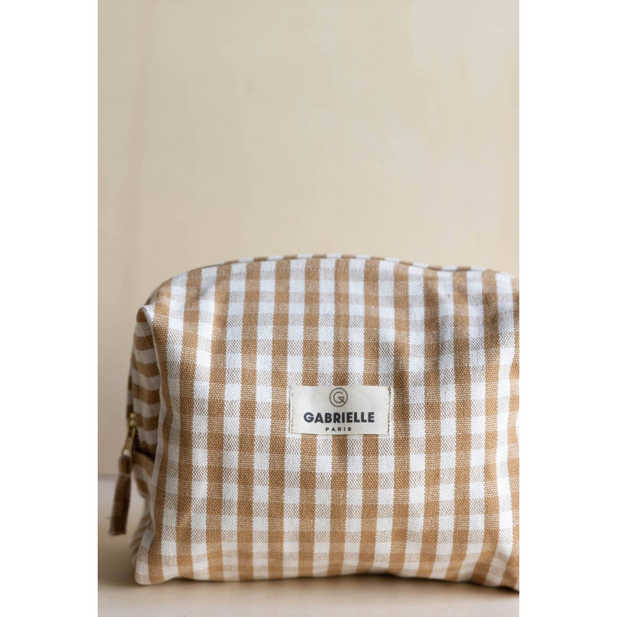 Trousse de toilette en toile de coton imprimé, Vichy beige vichy camel, GABRIELLE PARIS