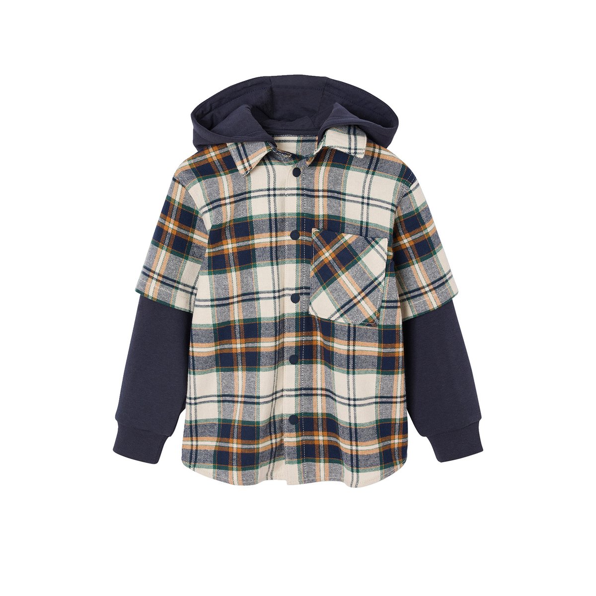 Chemise double matière effet 2 en 1 carreaux blanc, VERTBAUDET