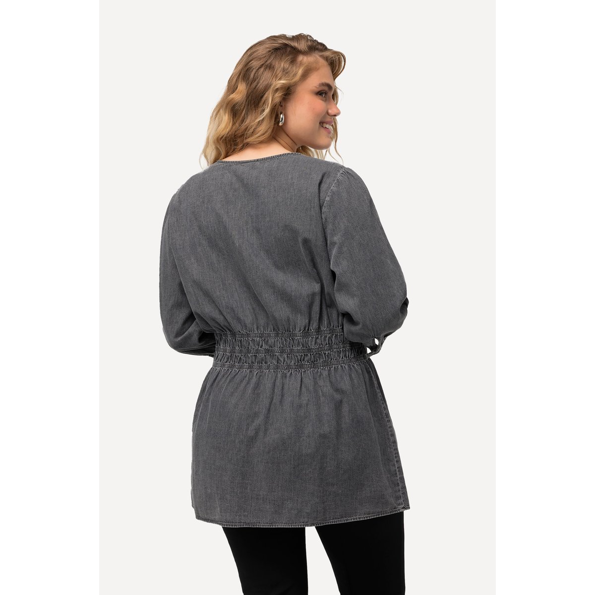 Blouse en jean à col en V et manches 3/4 chiné anthracite, ULLA POPKEN