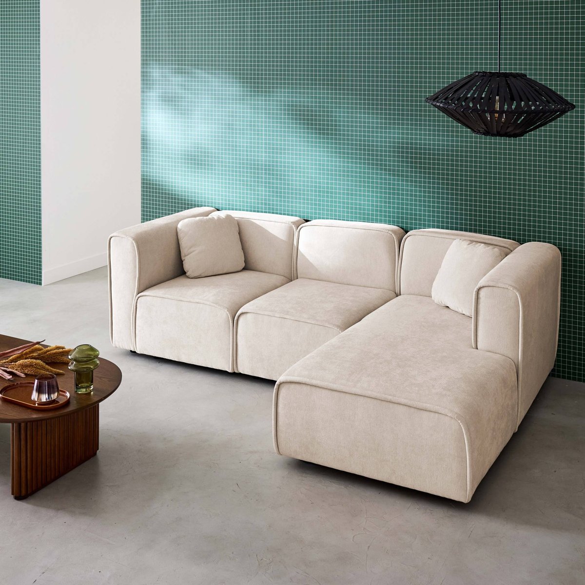 Canapé d'angle droit 3 places tissu LESTER beige, SWEEEK