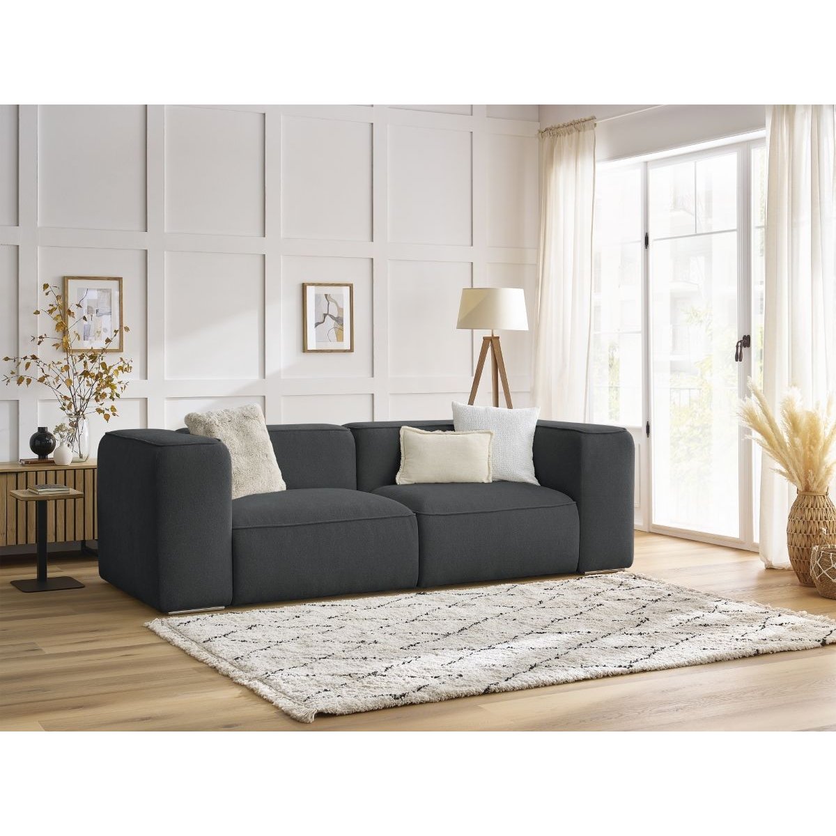 Canapé droit fixe 2 places en tissu texturé, ZEPHYR gris foncé, BOBOCHIC