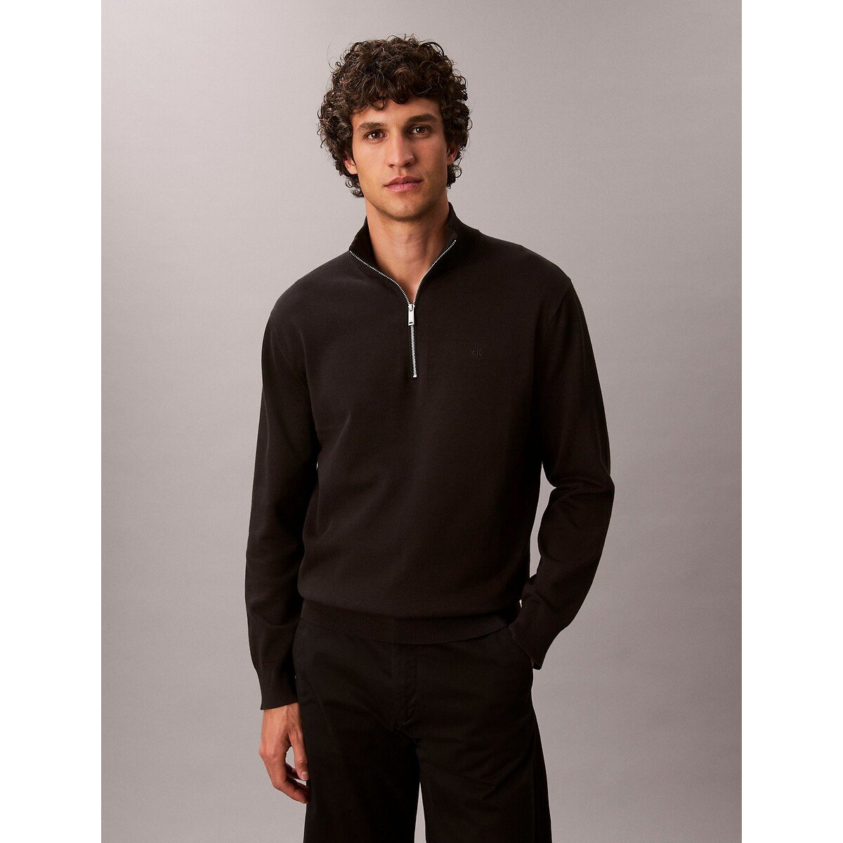 Pull collo alto con mezza zip nero , CALVIN KLEIN