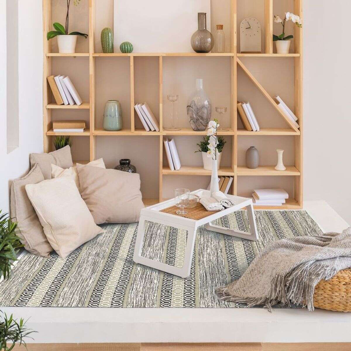 Tapis salon en coton TERRA COTTON ETHNO blanc sable, THE DECO FACTORY