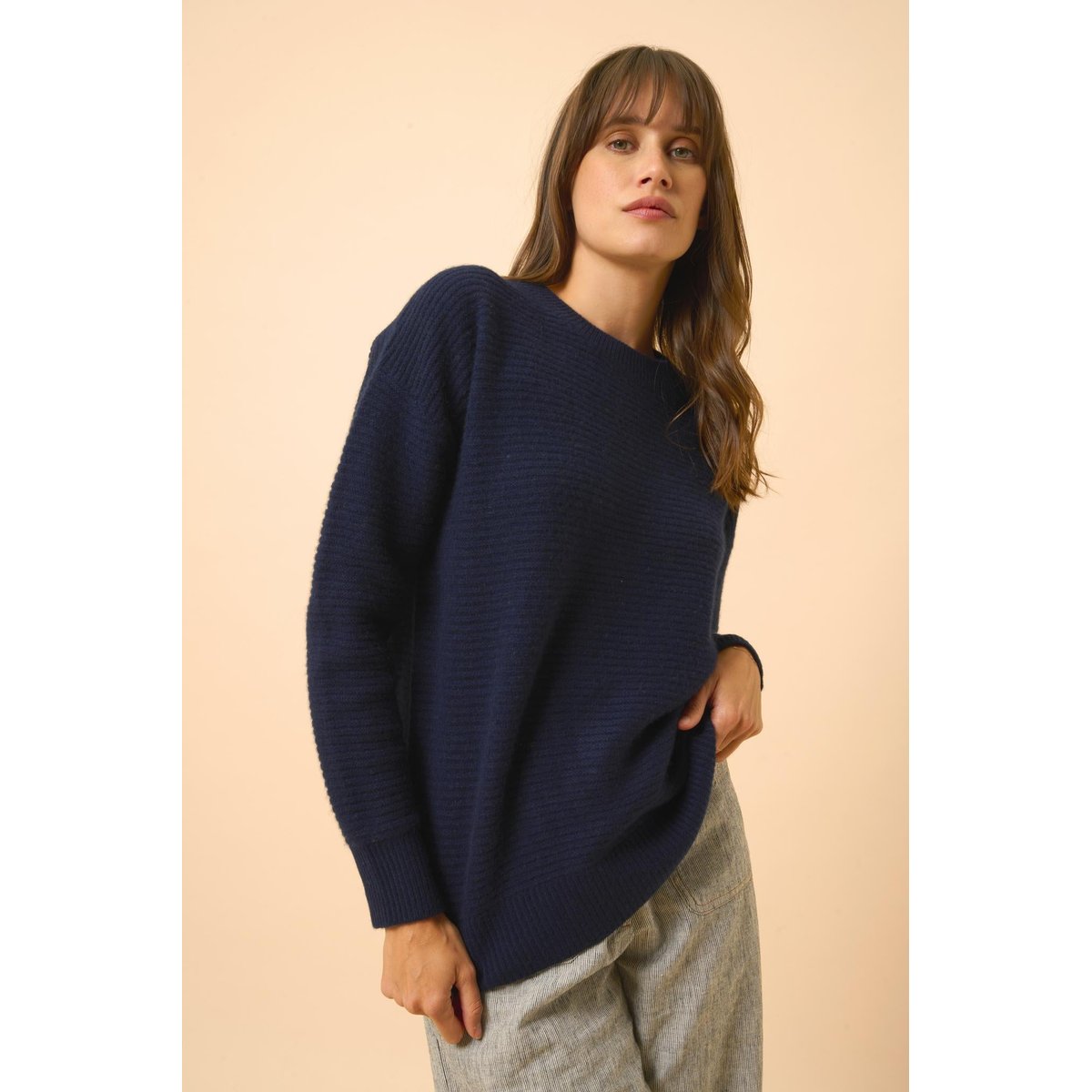 Pull Col Rond 4 Fils Navy Louna bleu foncé, JUST CASHMERE