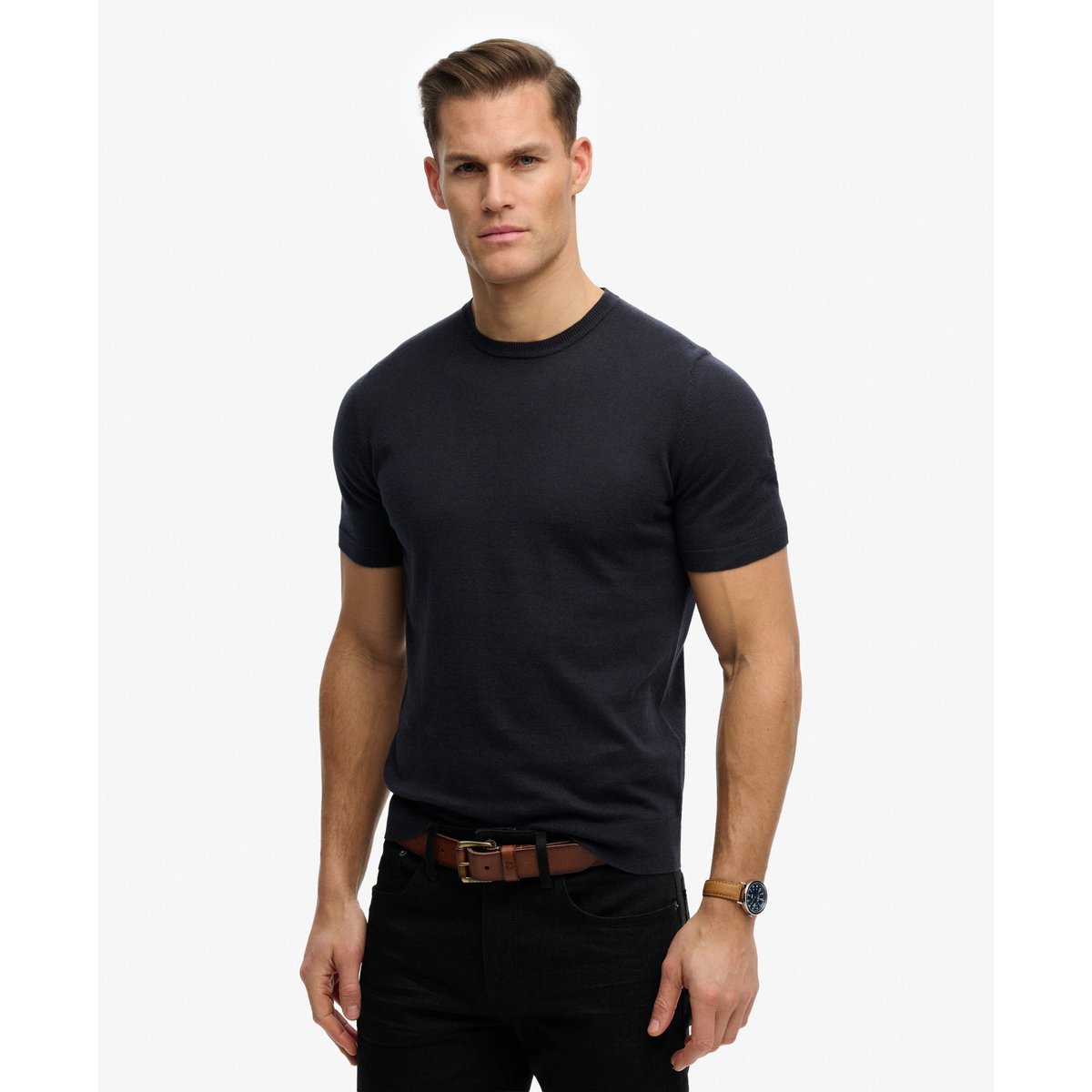 T-shirt en maille premium bleu marine foncé, SUPERDRY