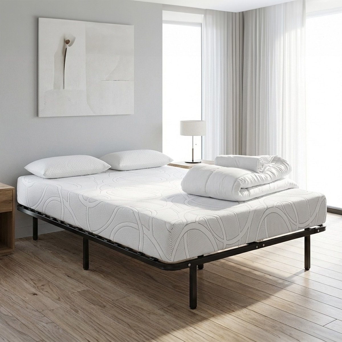 Prêt-à-dormir EUPRAXIE avec Cadre à lattes, Couette, Oreillers et Protège-matelas blanc, BELLECOUR