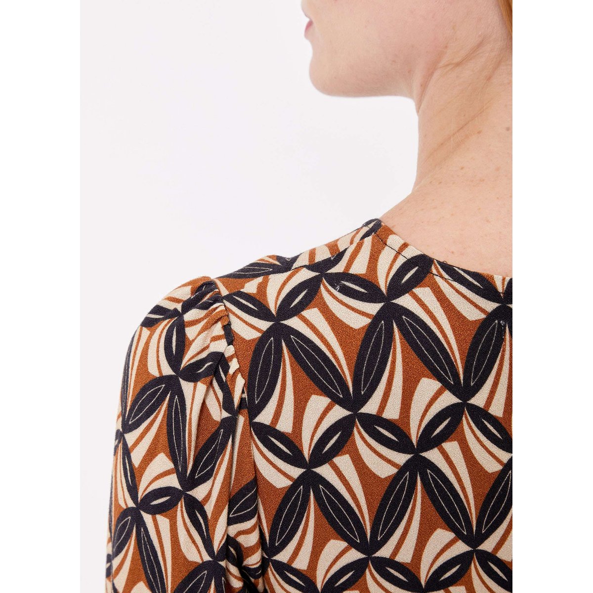 Robe évasée imprimée rétro ITA beige camel, PRINCESSE NOMADE