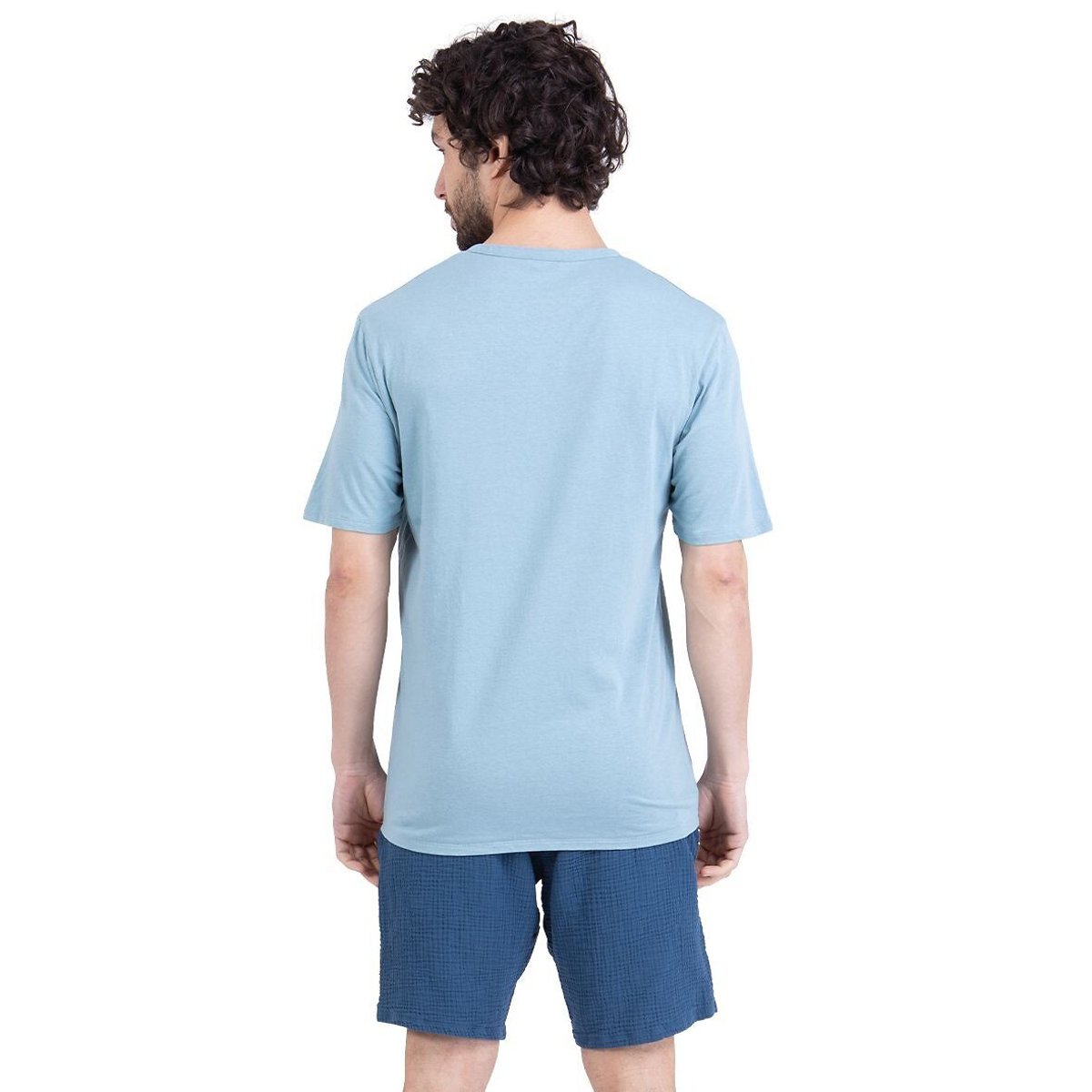 Pyjashort avec short en gaze de coton et col rabat bleu, ATHENA
