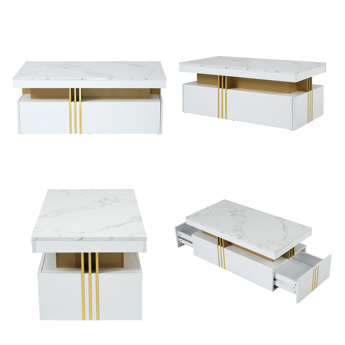 Table basse effet marbre rectangulaire tiroirs, NOVAKM white, MEUBLES COSY