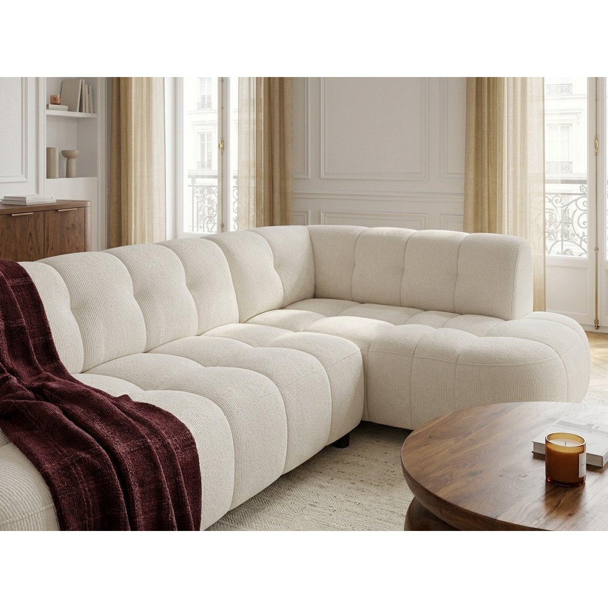 Canapé d'angle convertible 3 places en tissu lisse, LOVELY beige, BOBOCHIC