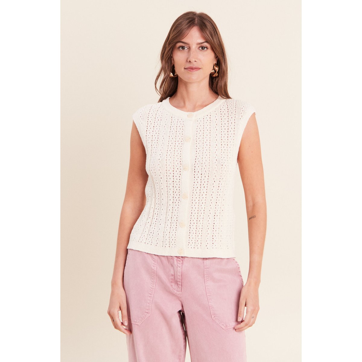 Gilet ajouré droit court col rond ecru, BREAL