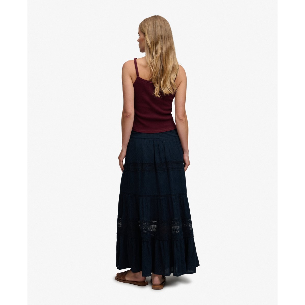 Jupe longue Ibiza ajourée ceinture smokée bleu marine éclipse, SUPERDRY