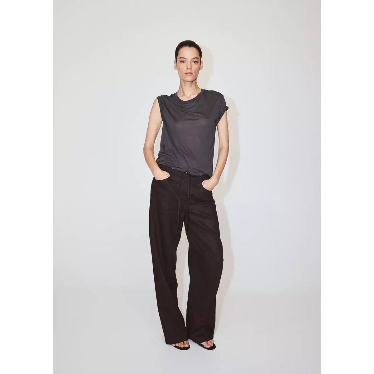 Pantalon lin nœud chocolat, MANGO