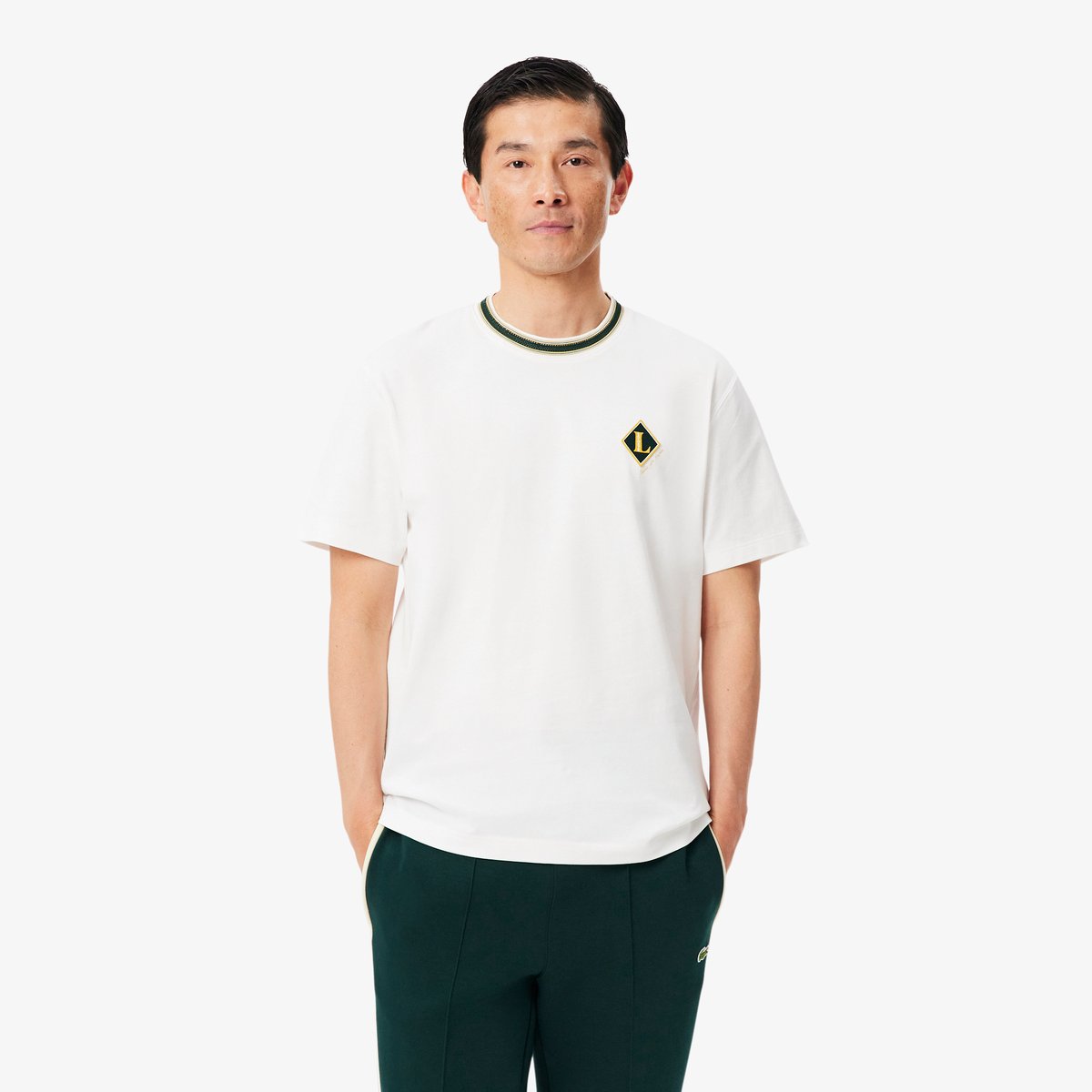 T-shirt fabriqué en France rayures badge blanc-70v, LACOSTE