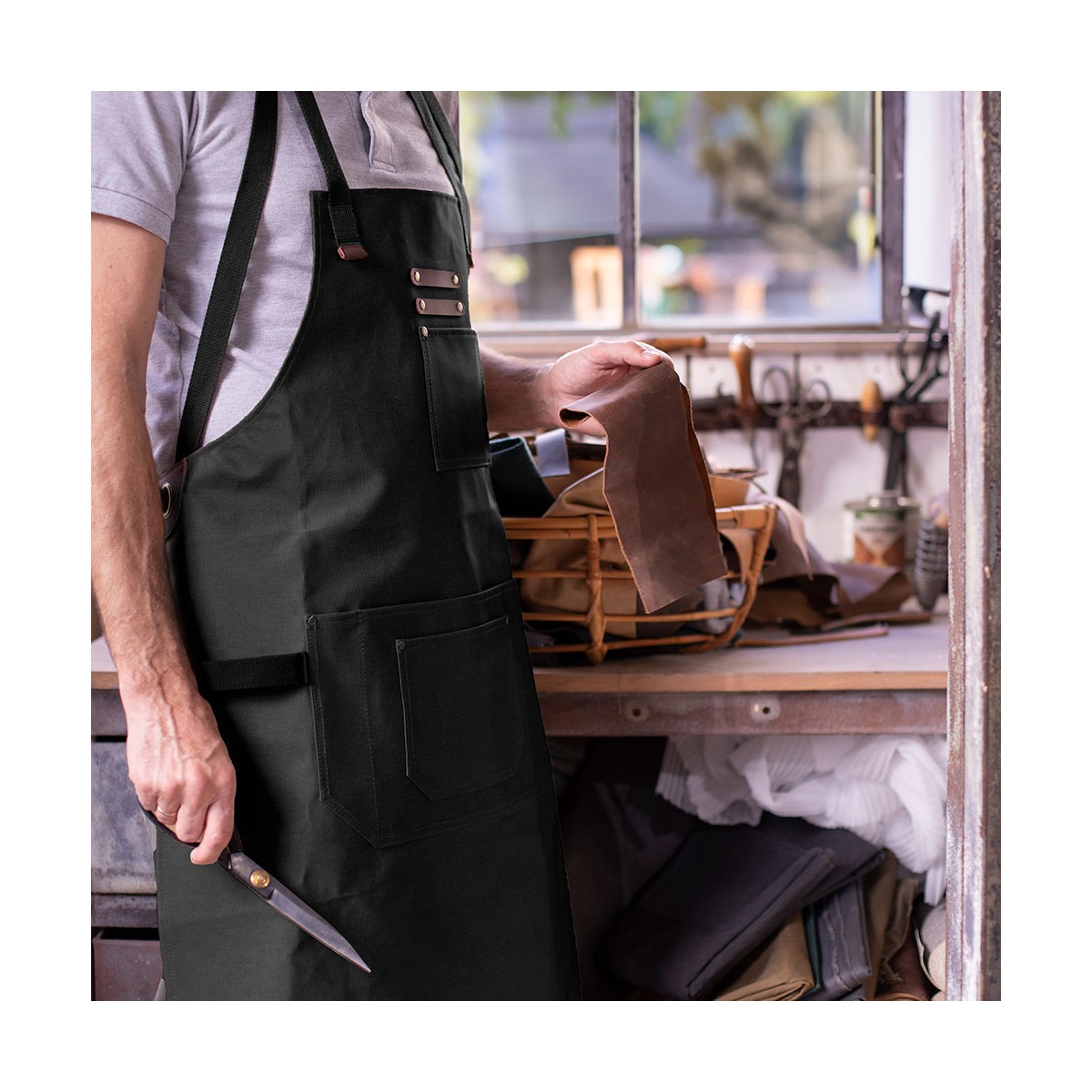 Tablier en toile enduite et cuir v002228, LIVOO