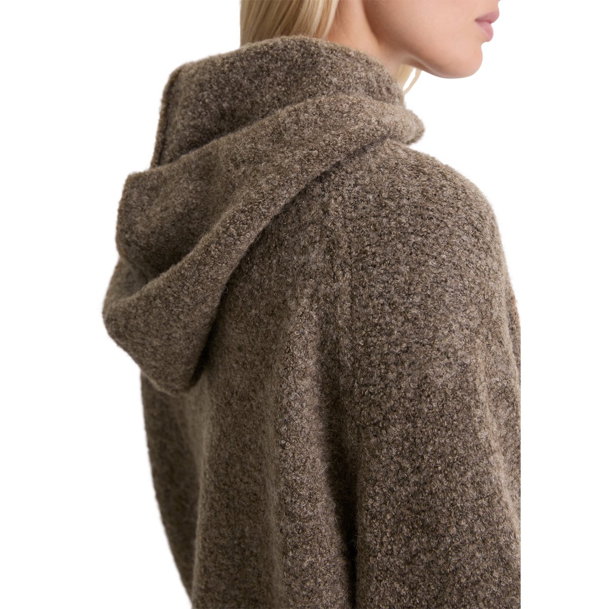 Hoodie en bouclette loose en mélange de laine vierge et de laine d'alpaga brun foncé, MARC O'POLO