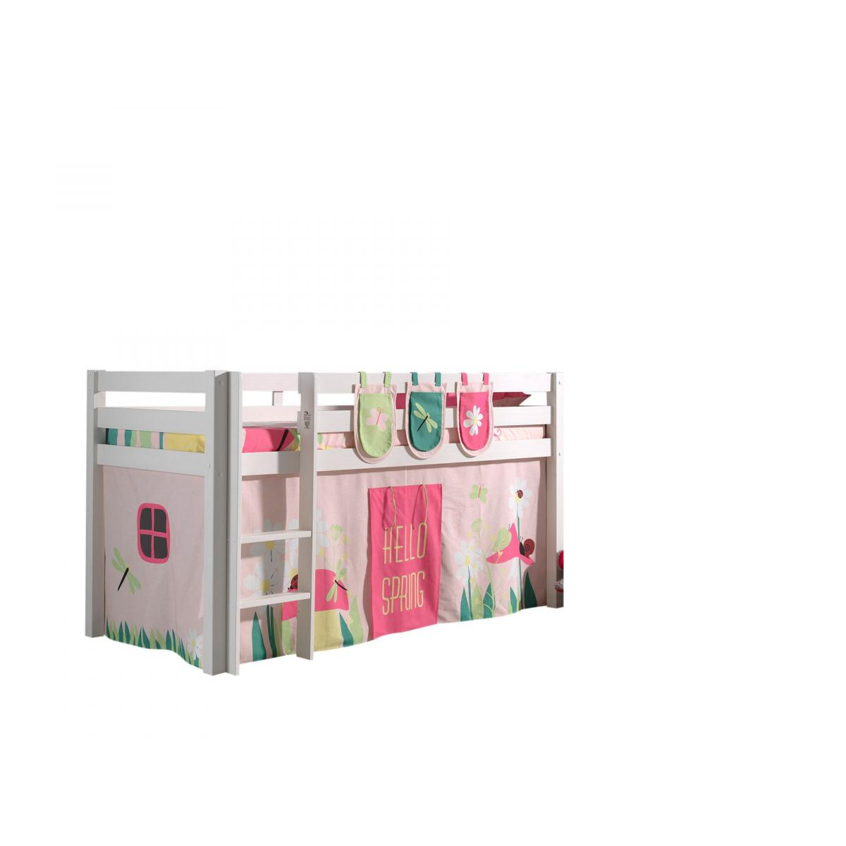 Lit sureleve avec sommier + Rideau de lit Spring + 3 Pochettes Spring couleur unique, VIPACK