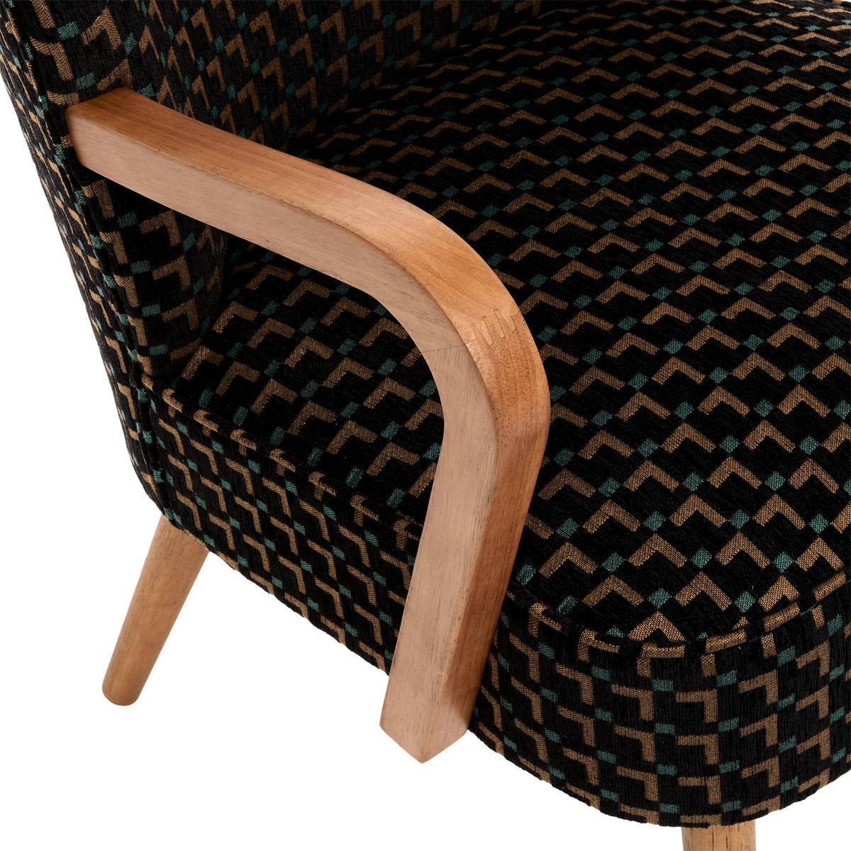 Fauteuil vintage en tissu chenille piètement hévéa CHIARA noir, ATMOSPHERA