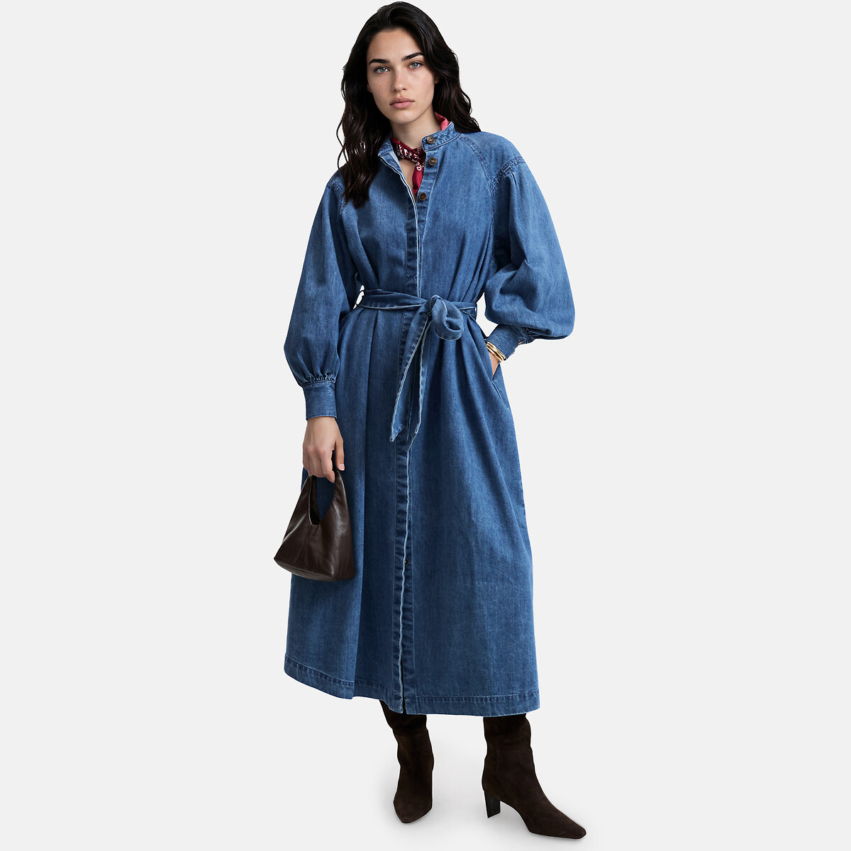 Robe longue en jean à manches longues avec ceinture à nouer bleu stone, LA REDOUTE COLLECTIONS