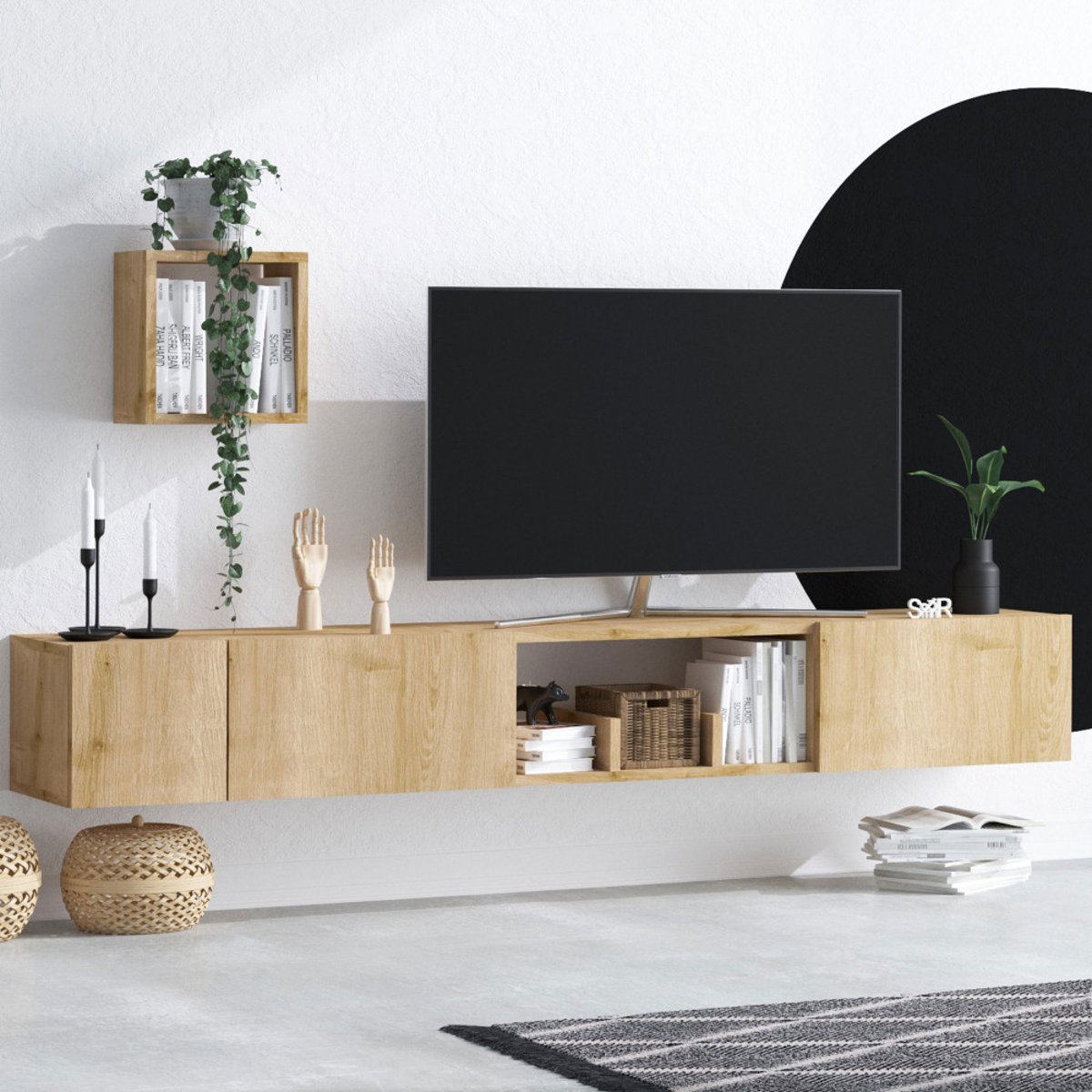 Meuble TV suspendu 3 portes en bois L180cm- HEAVY bois clair, DRAWER