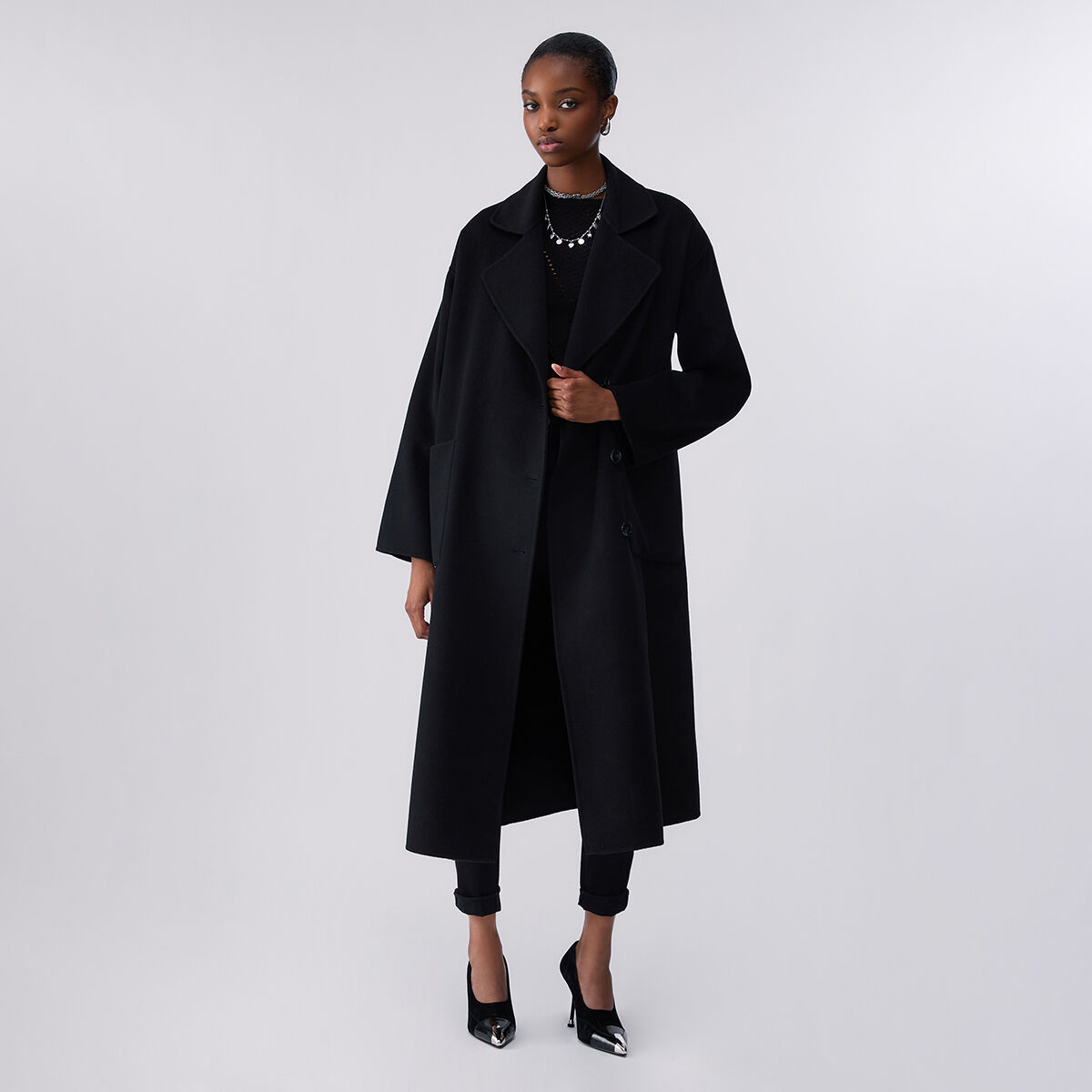 Manteau long oversize en laine noir, LIU JO