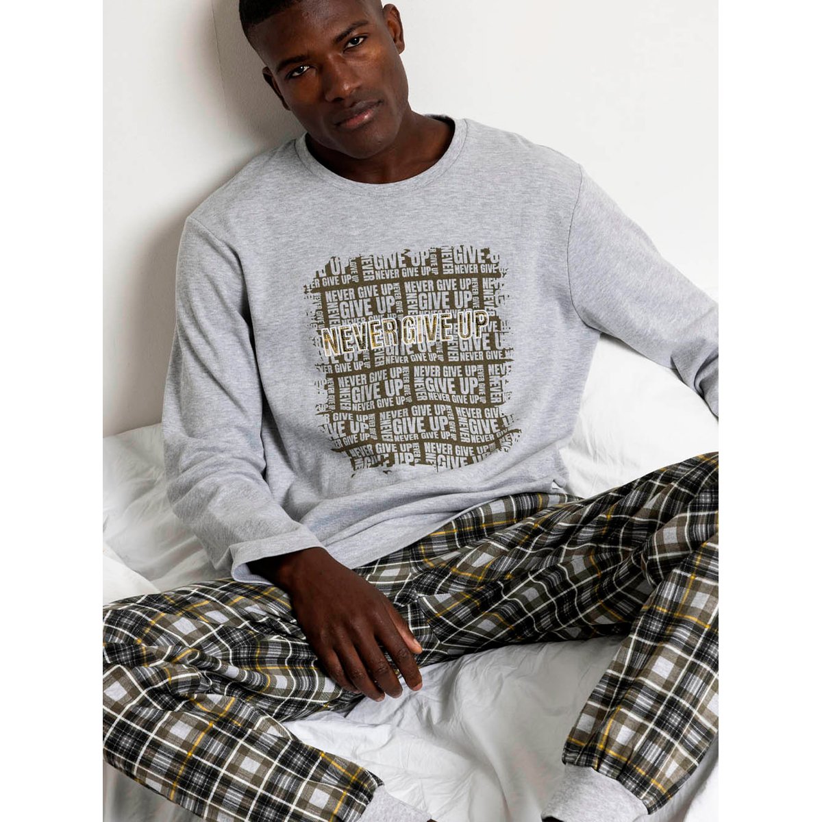 Pyjama pantalon top manches longues Never Give Up gris, ADMAS