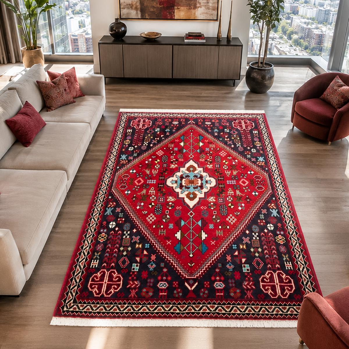 Tapis d'orient, motif oriental authentique, noué main, ABADEH 1 rouge, bleu, noir, UN AMOUR DE TAPIS