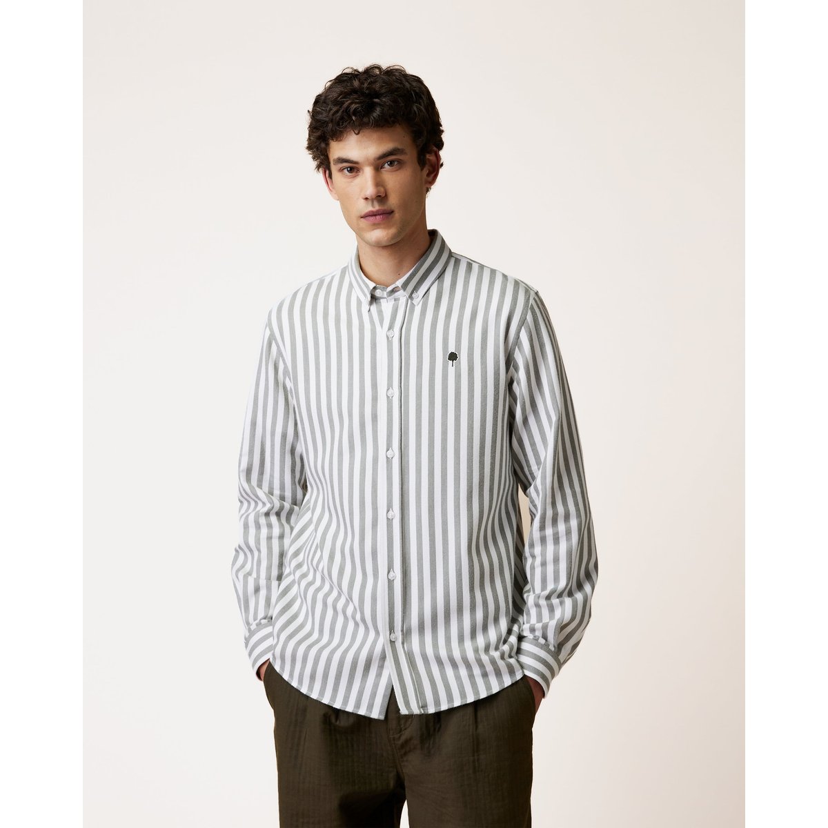 Chemise en tissu Oxford vert foncé et écru, FAGUO