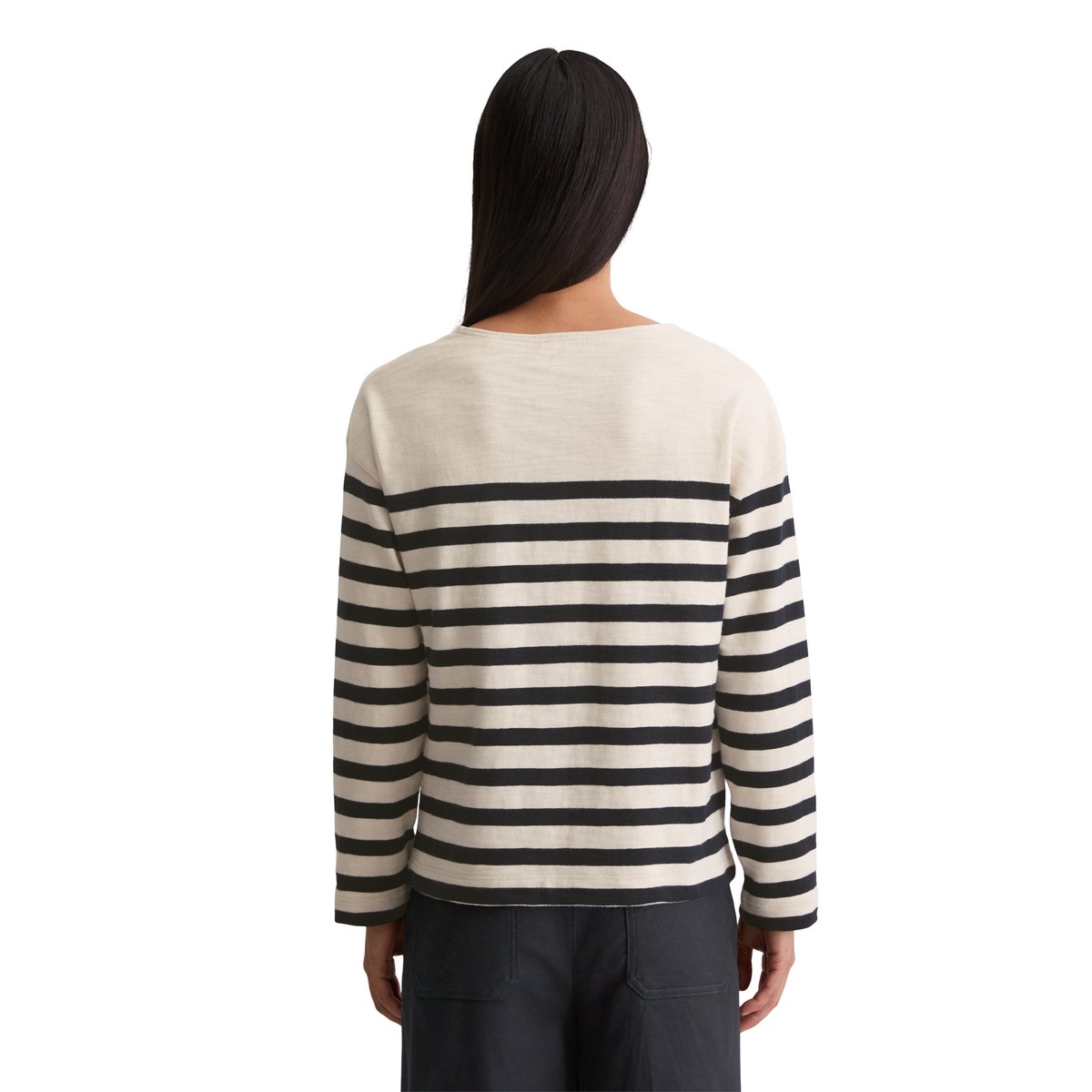 T-shirt long rayé relaxed en jersey heavy slub teint en fil bleu foncé, MARC O'POLO