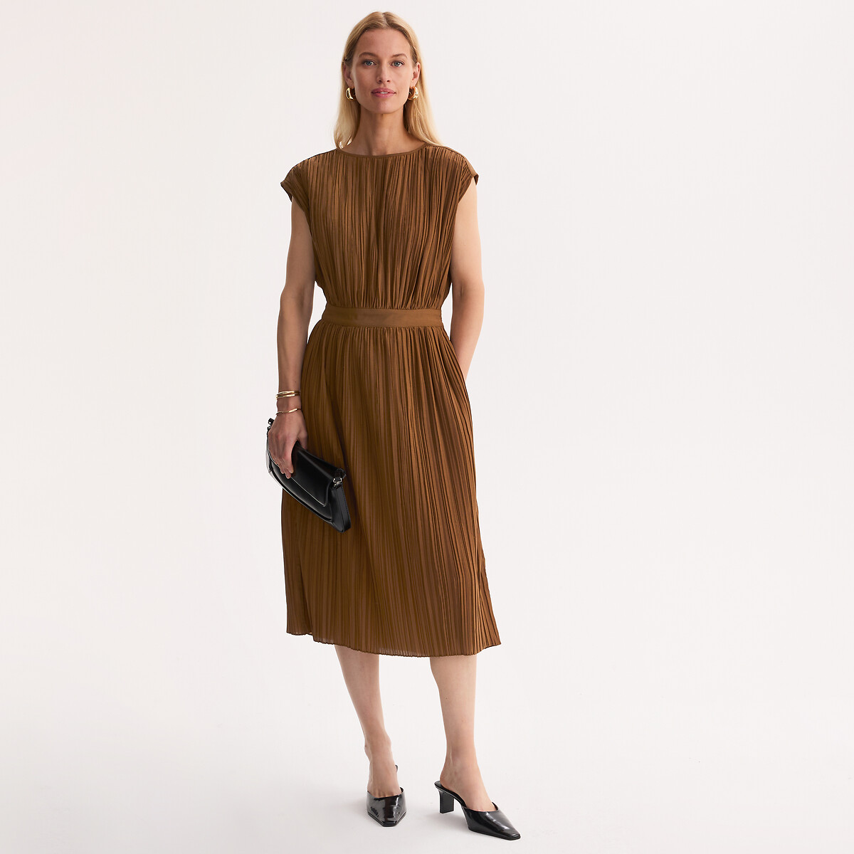 Robe plissée longueur midi sans manches bronze, ANNE WEYBURN