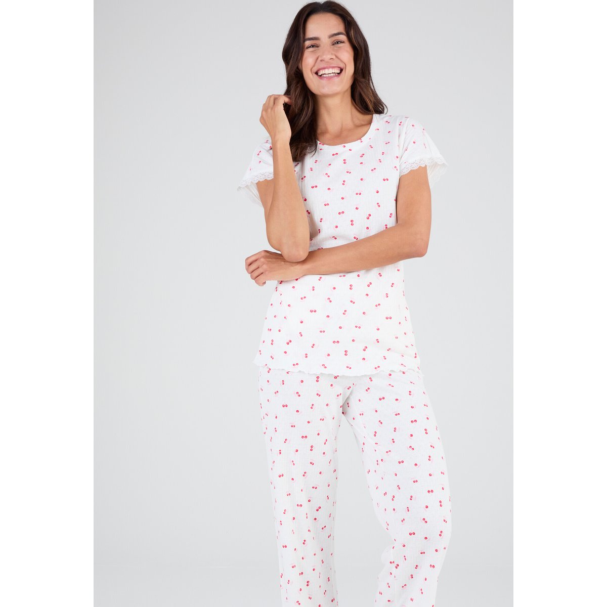 Pyjama 7/8ème en maille pointelle rose imp., DAMART