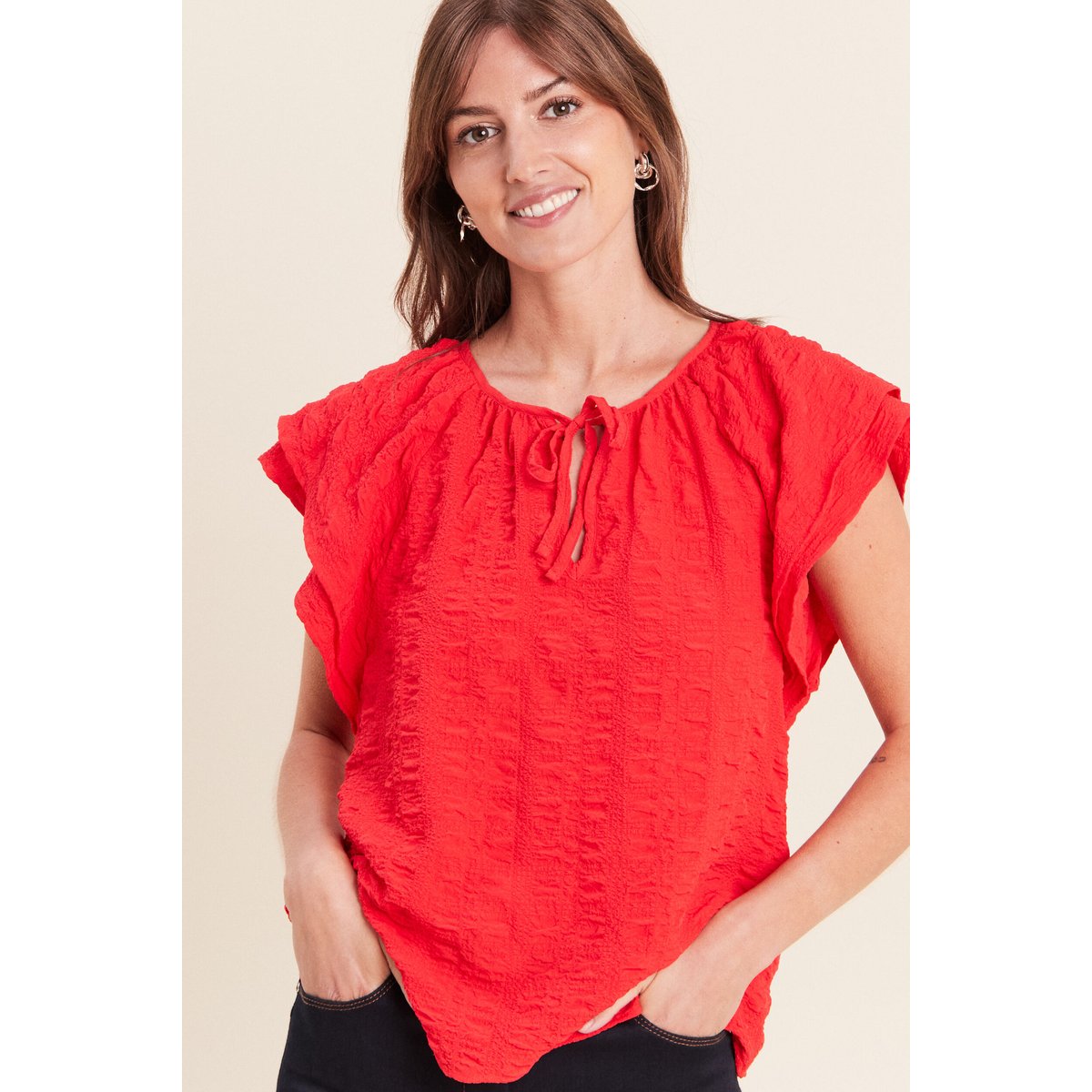 Blouse col v manches courtes fluide rouge, BREAL