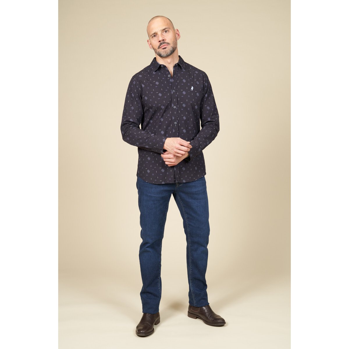 Chemise imprimée losanges éthniques bleu marine, MCS