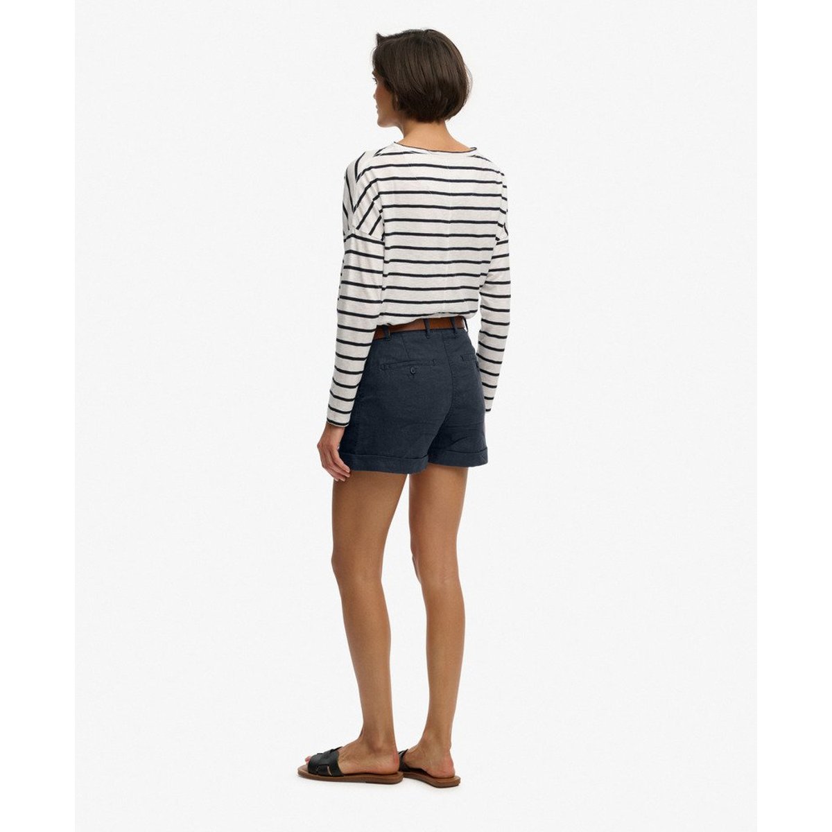 Short en lin taille mi-haute bleu marine éclipse, SUPERDRY