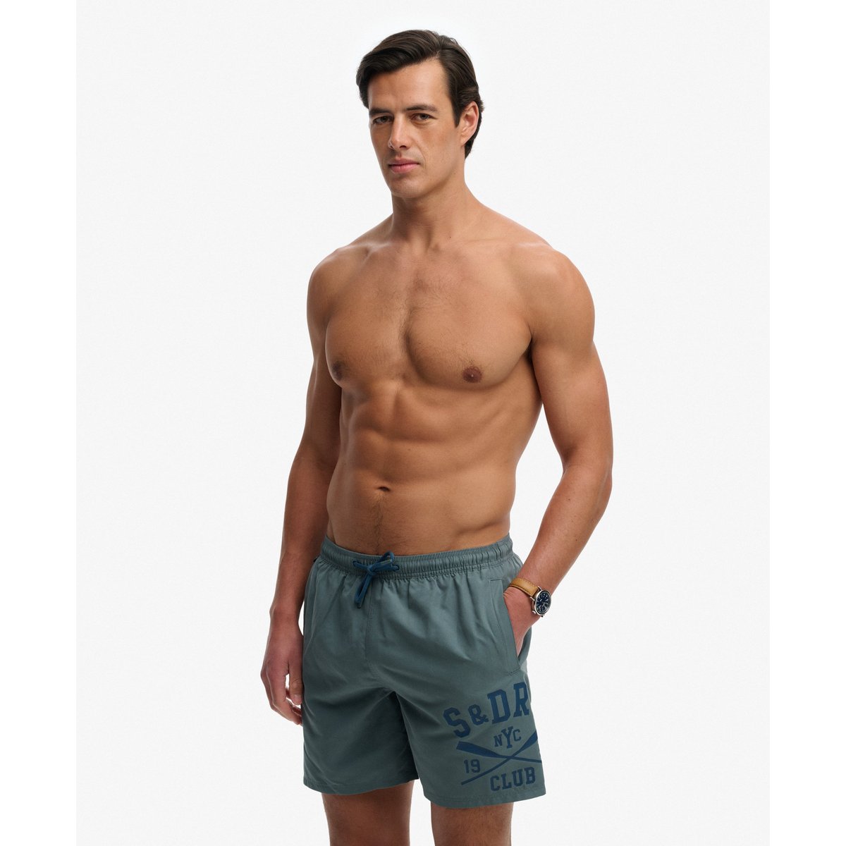 Short de bain 16 pouces Logo Imprimé bleu temps orageux, SUPERDRY
