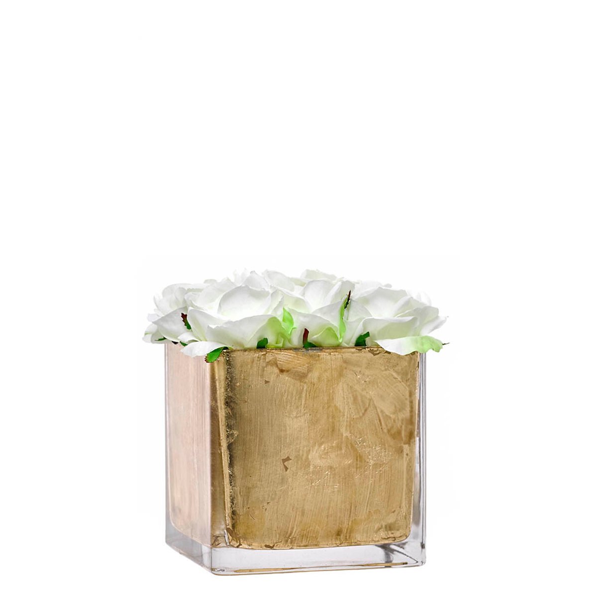 Cubo em vidro com rosas artificiais, BORGHESI dourado/branco, BORGHESI
