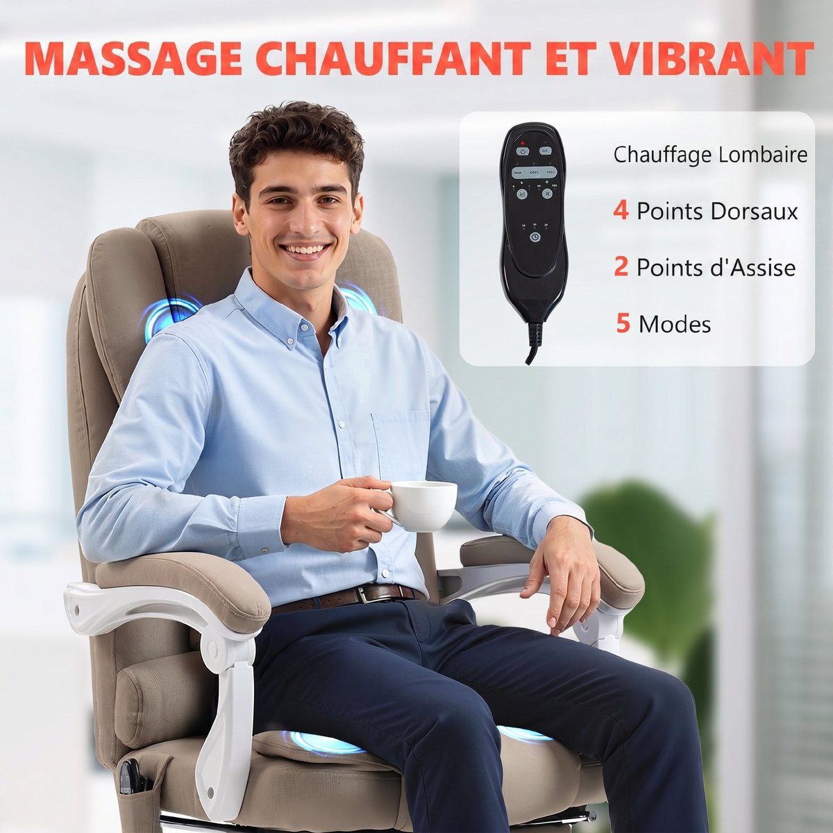 Fauteuil de bureau avec fonction massage Lin beige, HOMCOM