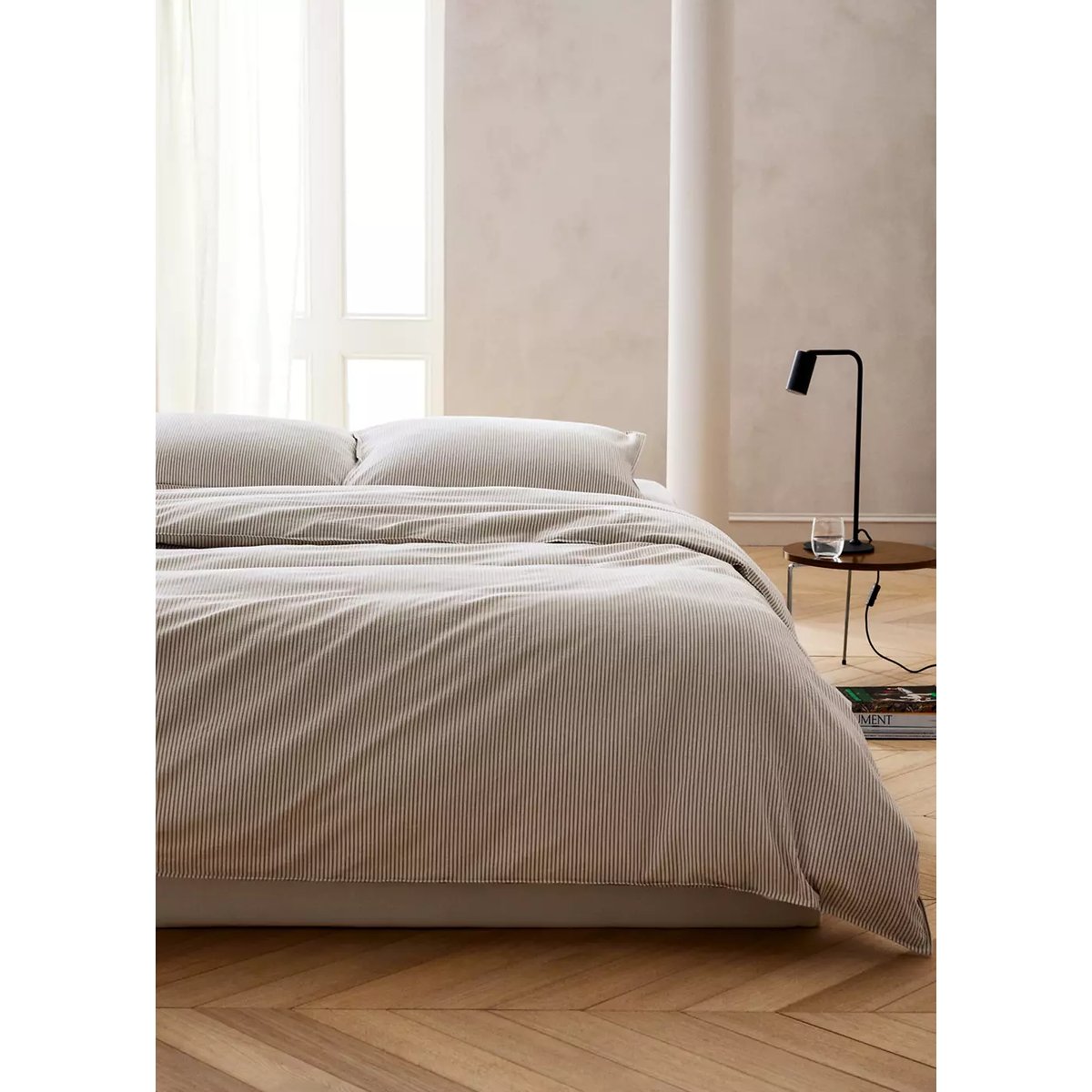 Housse de couette coton seersucker à rayures fines lit 135/140 cm café, MANGO HOME