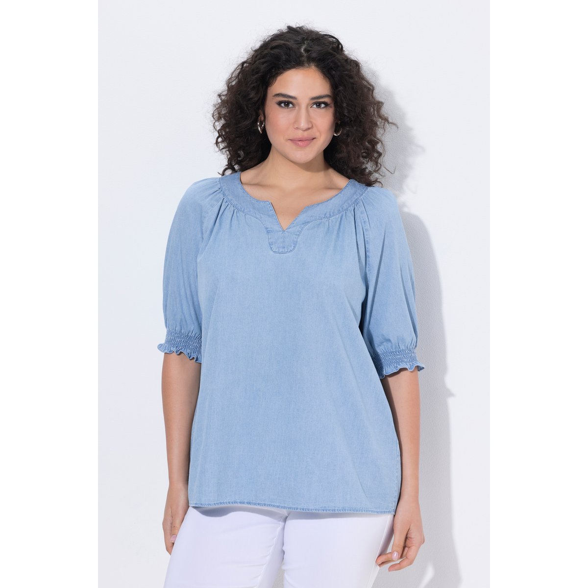 Blouse effet denim, col tunisien bleu clair, ULLA POPKEN