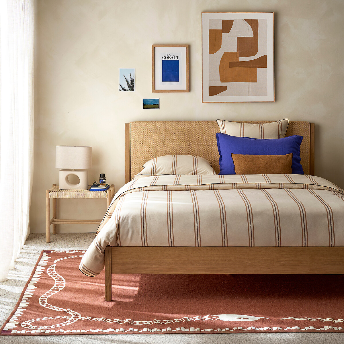 Ora Oak, Oak Veneer and Woven Rattan Bed with Bed Base oak, LA REDOUTE INTERIEURS