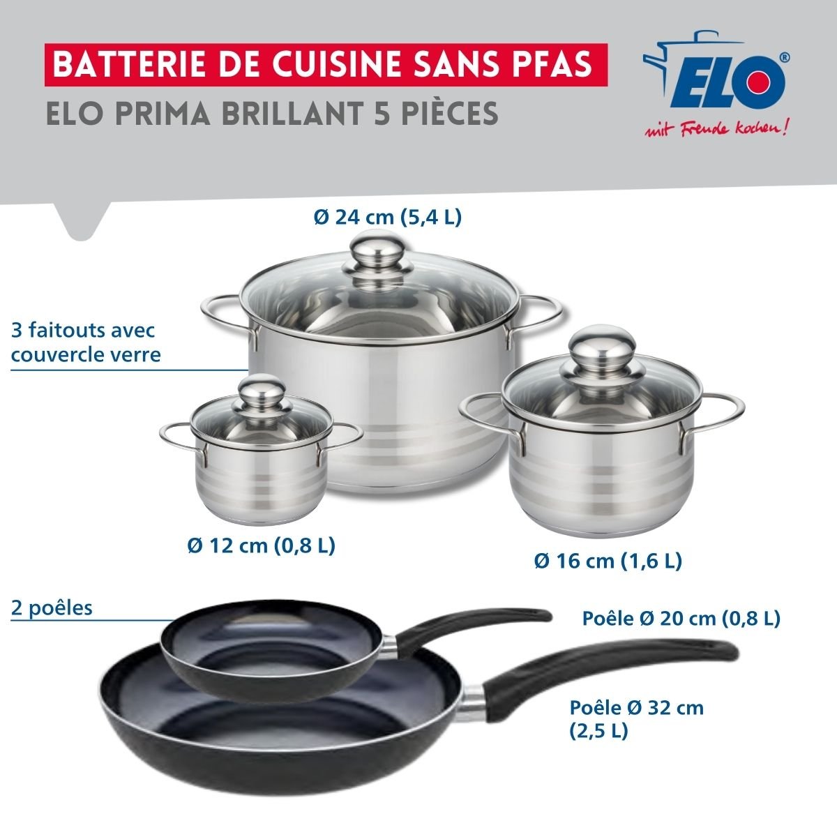 Batterie 2 poêles 20/32cm + 3 faitouts 12/16/24cm PRIMA BRILLANT noir, ELO