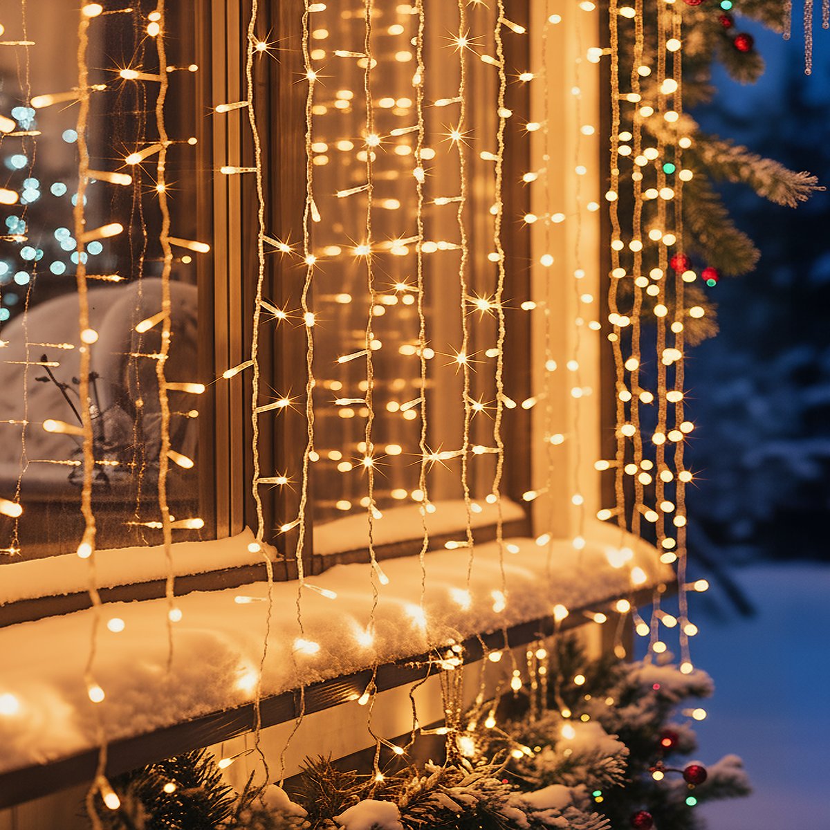 Rideau lumineux de façade d'extérieur 4 x 2 m 800 LED blanc froid à effets avec minuteur sur secteur blanc chaud, ATMOSPHERA