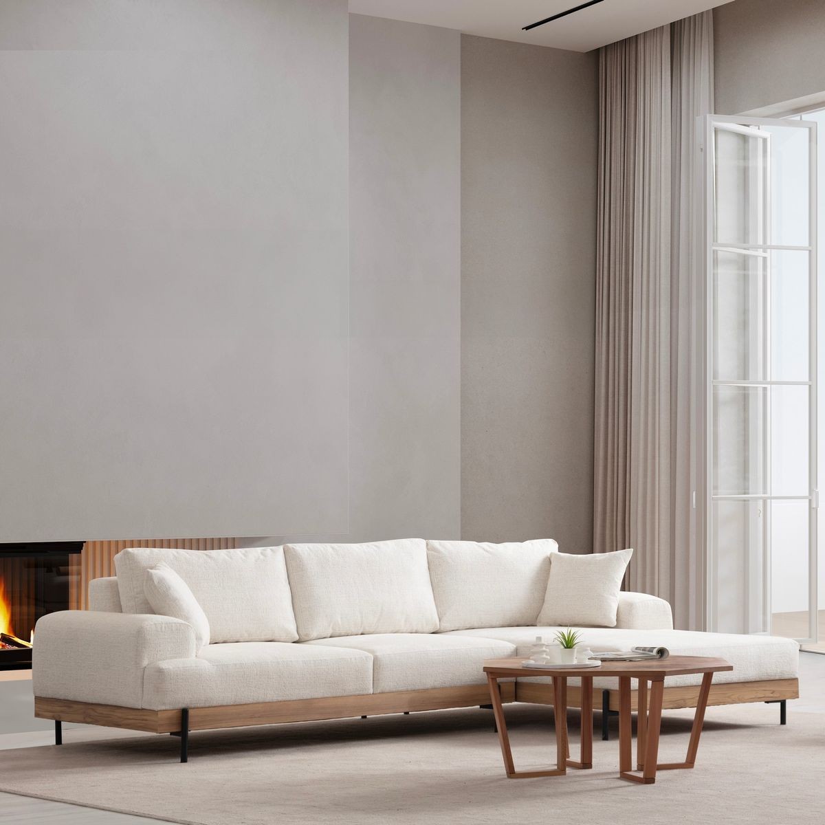 Canapé d'angle à droite 4 places en tissu - GIADA beige, HOMIFAB