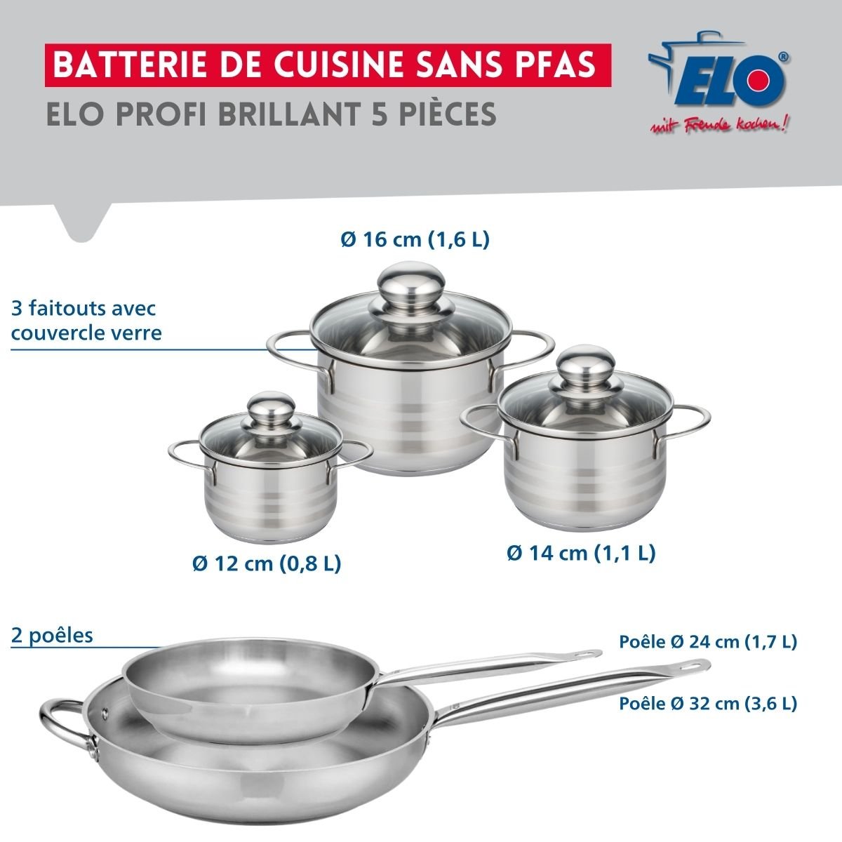 Batterie 2 poêles 24/32cm + 3 faitouts 12/14/16cm PROFI BRILLANT gris, ELO