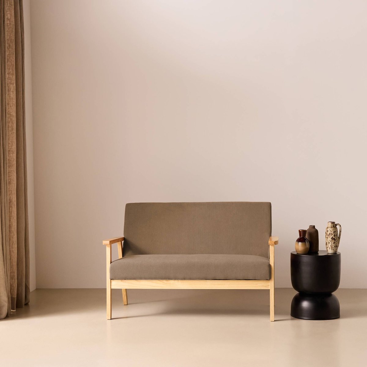 Canapé banquette 2 places bois d'hévéa velours côtelé ISAK taupe, SWEEEK