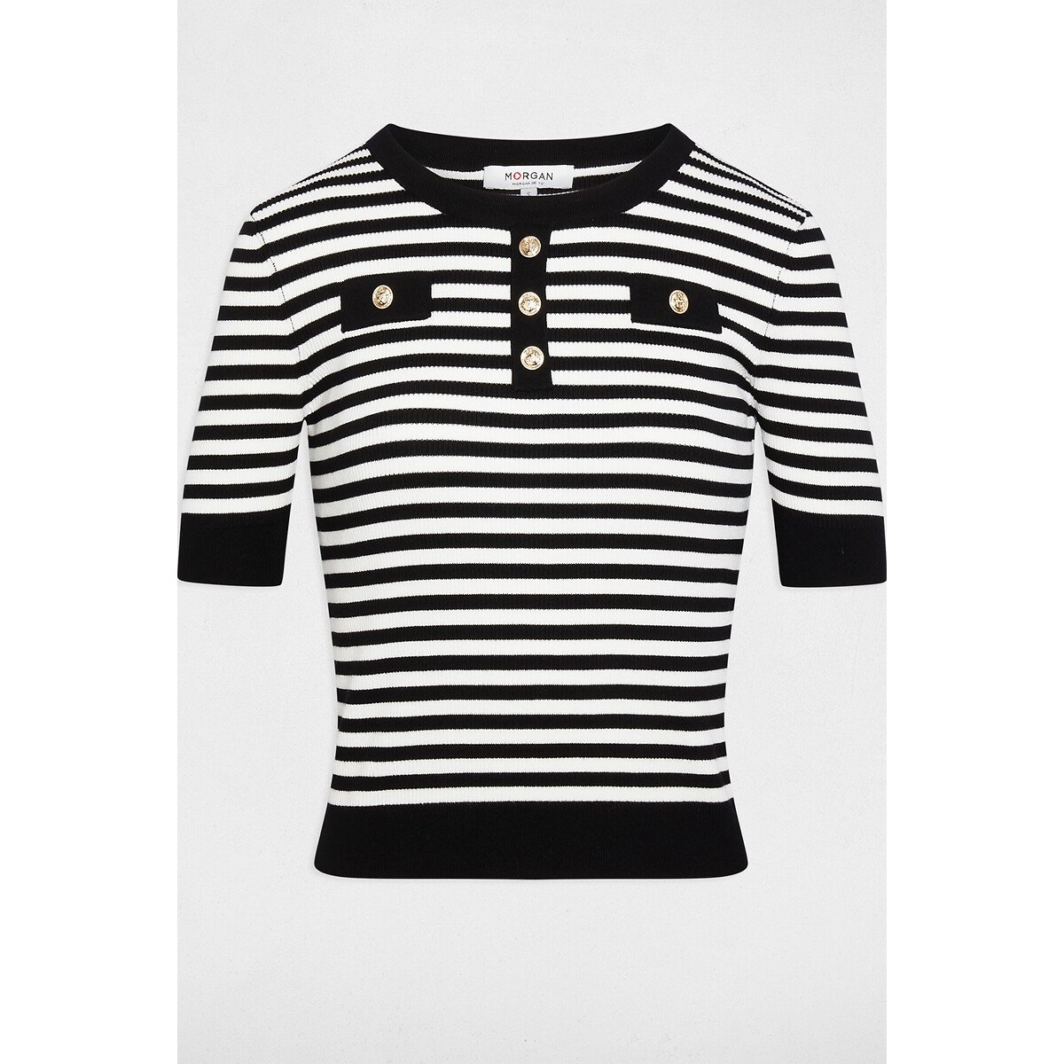 Striped Short Sleeve Crew Neck Jumper black striped/white, MORGAN